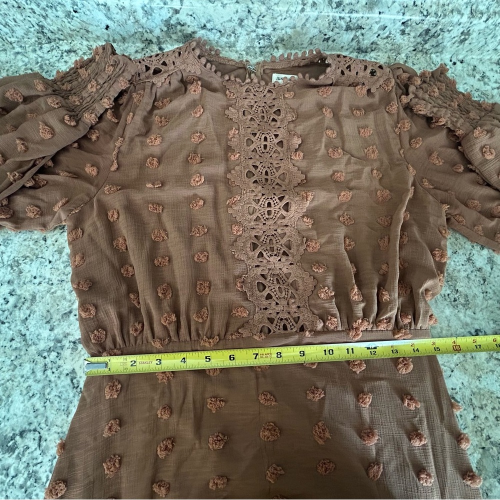 Just Me Boho Swiss Dot Crochet Lace Ruffled Hem Party Mini Dress Cognac Size M - Picture 14 of 15